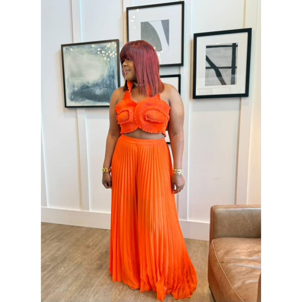 Orange Maxi Pleated Wide Leg Set